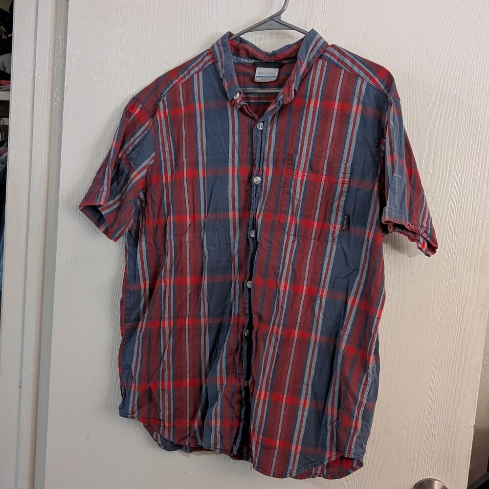 blue and red plaid button down